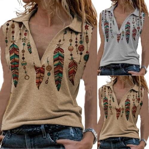 Womens top printed sleeveless V-neck Lapel casual loose 2021 summer new T-shirt roupas femininas com frete gratis