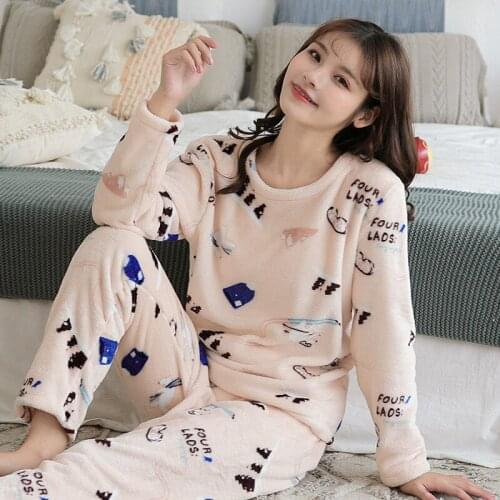 2Pcs Winter Flannel Pyjamas Women Long Sleeve Sleepwear Female Pajamas Set Mujer Lounge Home Wear Fashion Clothes Pijamas Suit