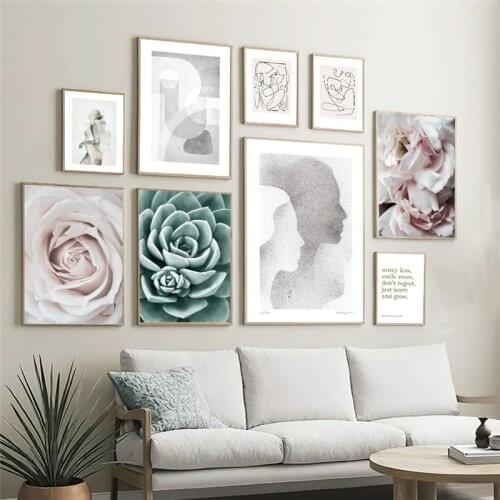 Abstract Line Canvas Black White Wall Art Minimalist Print Painting Nordic Poster Pink Flower Picture Modern Living Room Decor