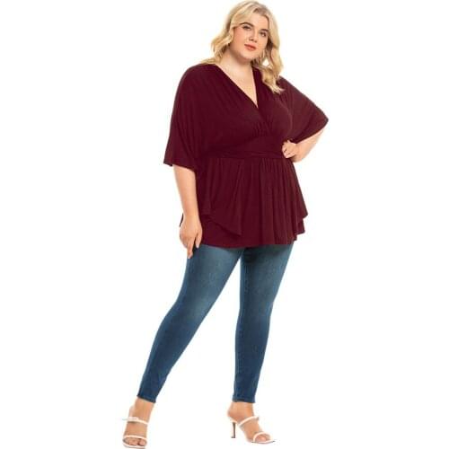 Womens Plus Size Top Fashion V-Neck Solid Color Womens Pullover Casual Loose Office Womens Top Basic T-Shirt 5XL