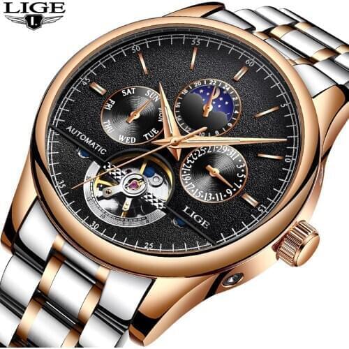 New LIGE Brand Watch Men Top Luxury Automatic Mechanical Watch Men Stainless Steel Clock Business Watches Relogio Masculino+box