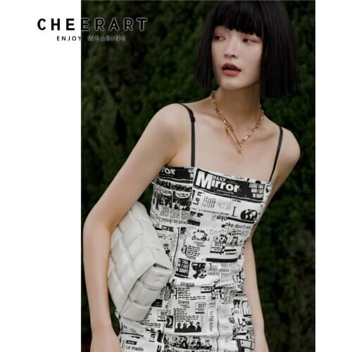 CHEERART Streetwear Newspaper Dress Summer Spaghetti Strap Slip Dress Women Tight Mini Cami Dress Fashion 2020