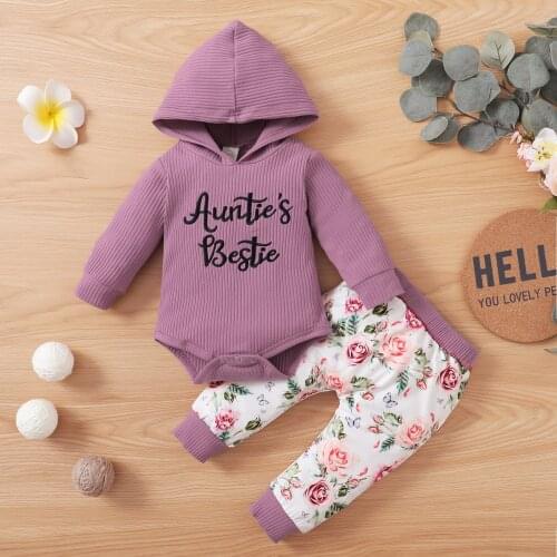 Spring Autumn Baby Girls 2pcs Clothes Set Letter Print Long Sleeve Hooded Bodysuit + Floral Print Trousers Outfit