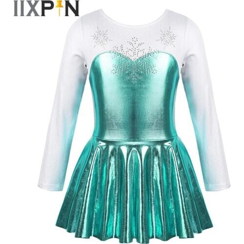 Kids Girls Gymnastics Leotard ballet Dress Long Sleeves Shiny Rhinestone Snowflake Metallic Bodice Ballet Dance wear Costume