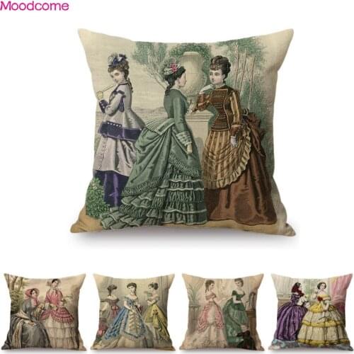 Ancient European Victorian Era Royal Court Fashion Lady Full Dress Vintage Poster Home Decoration Pillow Case Sofa Cushion Cover