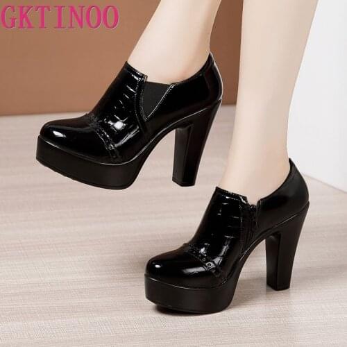 GKTINOO Block Heel Deep Mouth Platform Pumps Patent Leather Women Shoes 2021 High Heels Shoes Ladies Office Party Shoe Plus Size