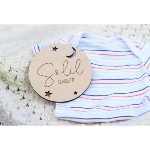 Custom Moon Stars Baby Name Sign, Wood laser engraved birth Announcement disc, Hospital Welcome tags, Photo prop, Baby keepsake