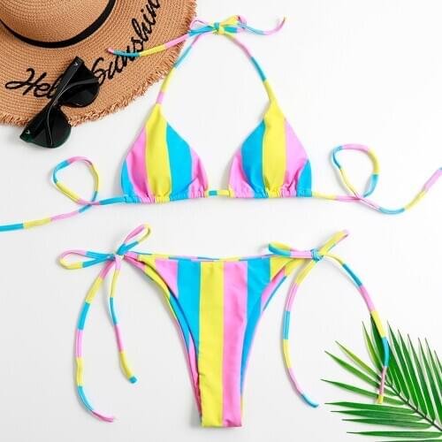 Swimsuit Women Stripe Print Bandage Bikini Set Swimming Suit For Women Push-Up Brazilian Swimwear Beach Swimsuit Beachwear