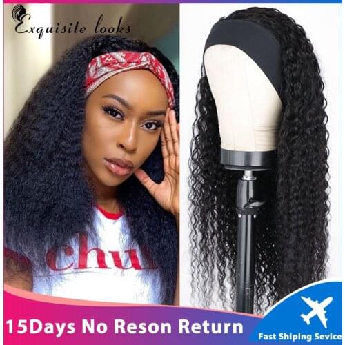 Headband Wigs Human Hair Wig For Black Women Brazilian Curly Human Hair Wigs Full Machine Made Wig Scarf Wig With Headband