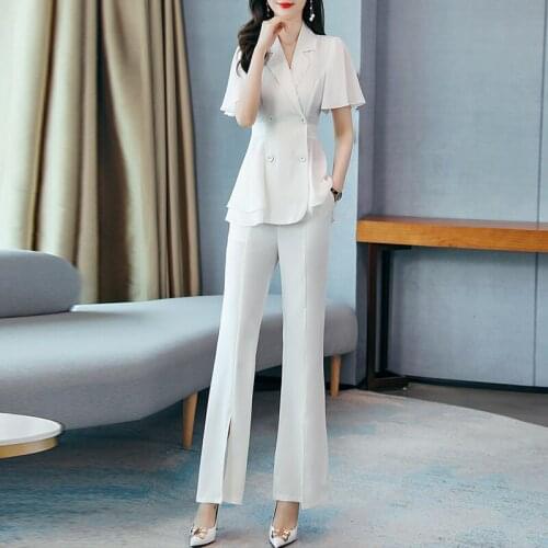 Summer Casual Work Flare Split Pants Suits 2 Piece Set for Women Fashion Suit Set Short Sleeve Ruffle Blazer Pant Office Lady
