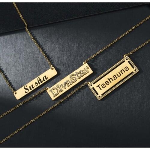 Customize Name Trendy Punk Diamond Pendant Rectangular Crystal Necklaces Charms Jewelry For Women Man Friends Accessories Gifts