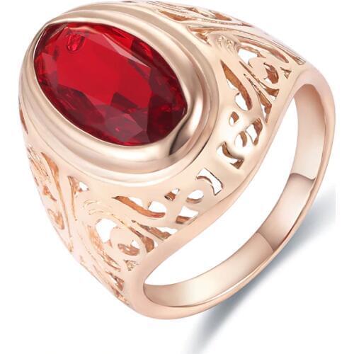 FJ Big Red Stone Cubic Zircon Rings Womens Mens 585 Rose Gold Color Fashion Wedding Ring Party Jewelry