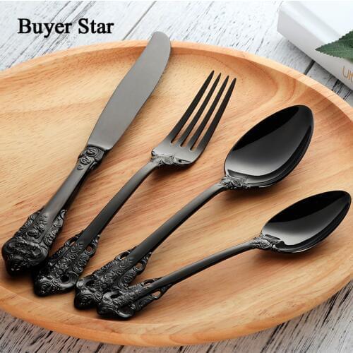Flatware Set Retro Cutlery Set 24 Pieces Black 18/10 Stainless Steel Golden Metal Knife Fork Dinner Western Wedding Silverware