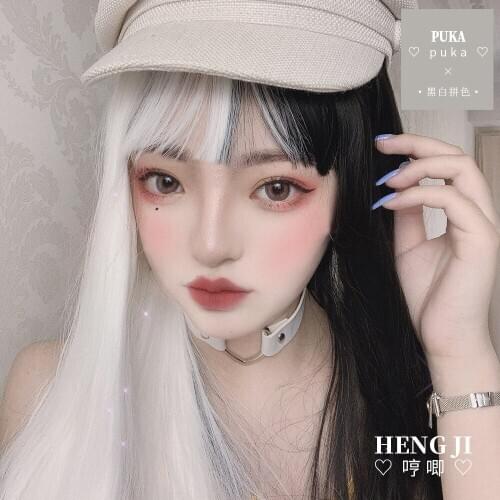 Black and White Yin and Yang Color Screen Red Fashion Wig Lolita Lolita Harajuku Long Hair Cool Lo Fake Hair Puka Lolita wig