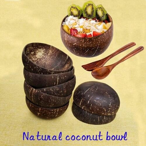 12-15cm Natural Coconut Bowl Set Handmade Coconut Shell Tableware Wood Spoon Dessert Fruit Salad Mixing Rice Salad Ramen Bowl