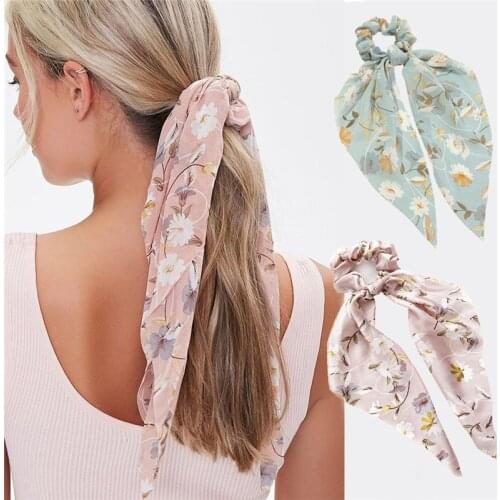 Long Ribbon Hair Scarf For Women Floral Print Scrunchie Ponytail Holder Hair Accessories Fashion Elastic Hair Band Girl Headwear