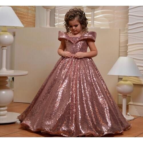 Luxury Rose Gold Sequins Girls Dresses Princess Ball Gown Lace Up Back Little Princess Birthday Party Dress Custom Made