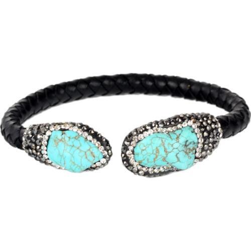Luxury Black Leather Pave Natural Blue Semi Precious Stone End Tail Bead Charms Adjustable Open Cuff Bangle Bracelet For Women