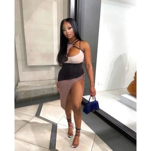 SKMY 2021 Summer Sexy Club Outfits Womens Clothing Sleeveless Dress Patchwork Bandage Cross Sling Split Hollow Out Dress