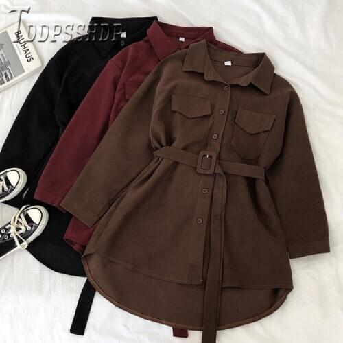 2020 Spring Korean Chic Corduroy Women Blouse Long Style Waist Strap Female Blouses