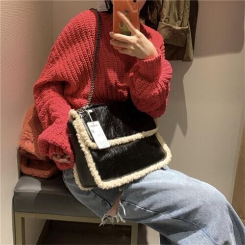 Youda Winter Lamb Wool Cross Body Bags for Women 2021 PU Fashion Handbag High Capacity Travel Totes Bag Black Phone Chain Pack
