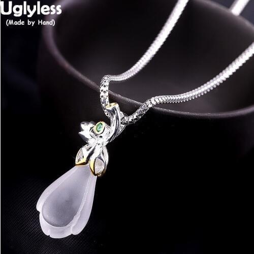Uglyless Nearly Transparent Crystal Magnolia Earrings + Pendant for Women Real 925 Silver Floral Jewelry Set Fashion Brincos S11