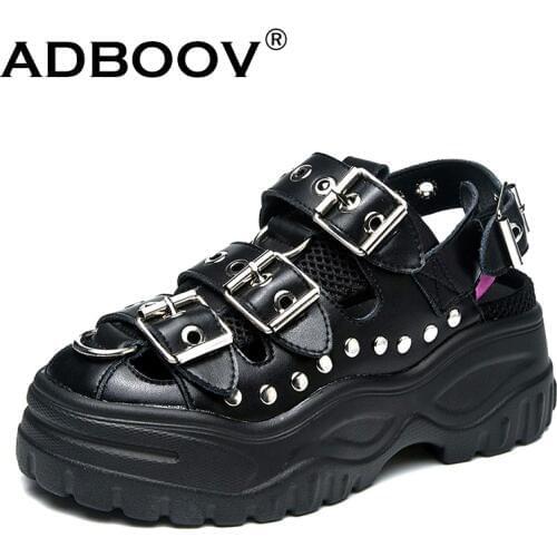 ADBOOV Leather Gladiator Sandals Women Rivet Punk Retro Platform Sandals Thick Sole 5 cm Buckle Chunky Shoes Black White Khaki