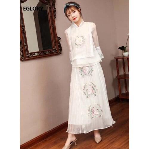 Top Quality New Womens Set 2020 Spring Summer Suit Woman Luxurious Embroidery Vintage Tops+Ankle Length Pleated Blue Skirt Set