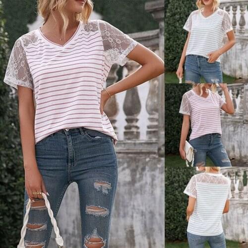 Womens Stripe Stitching Lace Simple Loose Short Sleeve Top