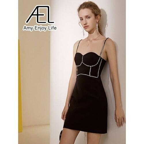AEL Diamonds Sexy Backless Minidress Women Sleeveless Short Dresses Clubwear Party Dress Black