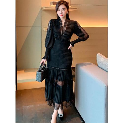 Fashion Runway Party Dress 2021 Autumn Women Sexy V Neck Lantern Sleeve Lace Stitching Chiffon Bodycon Long Pleated Vestidos