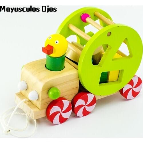 ZH 1PC Baby 1-3 Years Wood Intelligence Wisdom Drawstring Pull Cart Educational Toys Trailer Building Blocks