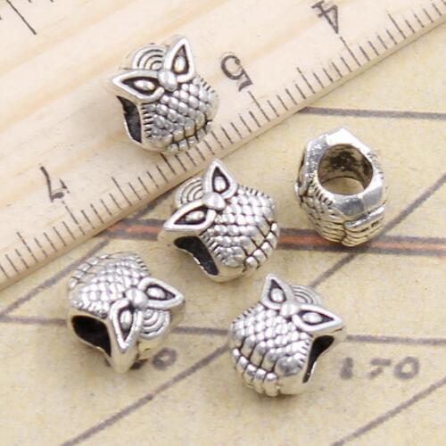 10pcs Beads Owl 4.5mm Big Hole Vintage Charms European Pendant Fit For Bracelet DIY Antique Silver Color Fit Making