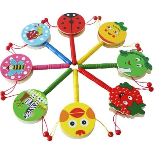 2019 Fashion Baby Boys Girls Drum Toy Wooden Rattle Pellet Drum Cartoon Animal Musical Instrument Toy for Child Kids Gift