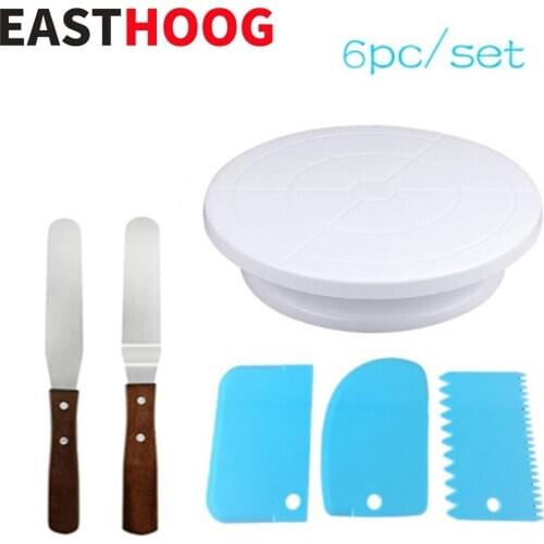 6pcs/set DIY Cake Rotating Turntable Stainless Steel Spatulas Plastic Scrapers Cake Decorating Tools Pastry Supplies Cake Stand