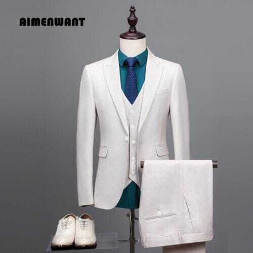 AIMENWANT 2017 New Design Mens Suit Wedding Groomsman Ivory White Formal Jacket+Vest+Pants Set Male Slim Fit England Blazers