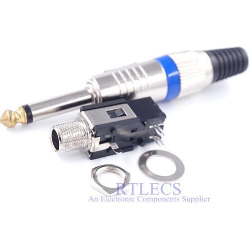 1 Piece 6.5mm 2 Pole Plug TS 1/4" 6.35 Mono Audio Jack Socket Guitar microphone amplifier With Switch Thread lock panel mount