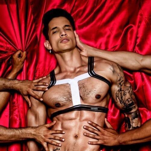 Black White Men Elastic Shoulder Harness Strap Sexy Fetish Halter Neck Body Chest Stage Performance Clubwear Hollow Out Bondage