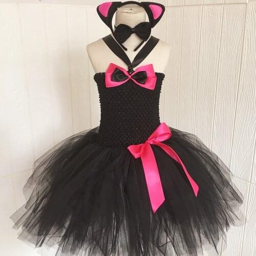 Children Girl party cosplay black neko stage dance cat Costume Pettiskirt tutu ballet Dress Headband bow Tie Tail for kid
