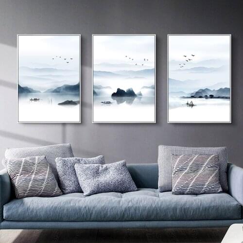 Mountain Boat Lake Landscape Poster Chinese Style Canvas Wall Art Print Painting Minimalist Decoration Picture Modern Home Decor