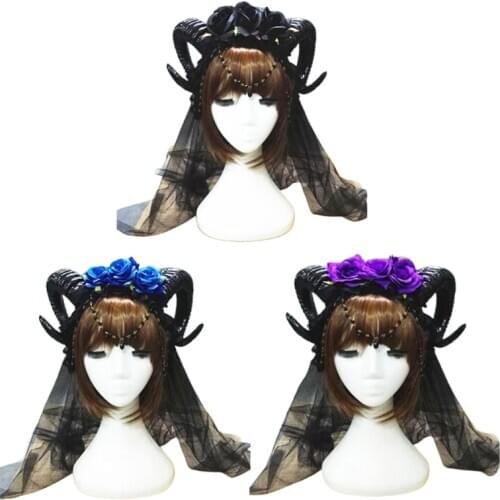 Halloween Carnival Lolita Headband Sheep Horn Rose Flower Chain Crown Hair Hoop Vampire Demon Mesh Veil Gothic Headpiece