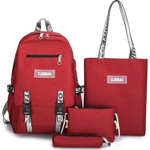 USB 4Pcs/set Canvas Backpacks Women School Bags for Teenage Girls Bookbags New Preppy Style Travel Backpack Student Rucksack