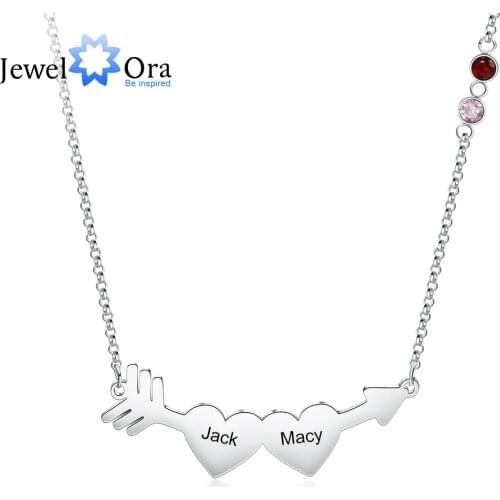 JewelOra Personalized Cupids Arrow Necklace with 2 Names Customized Engraving & Birthstone Pendants for Women Valentines Gifts