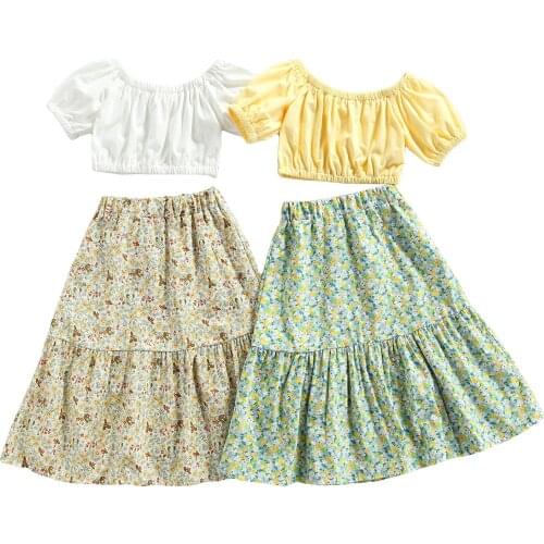 Citgeett Summer Kids Baby Girls Suit Set Solid Color Short Sleeve Tops+ Flower Print Long Skirt Set 2-7Years