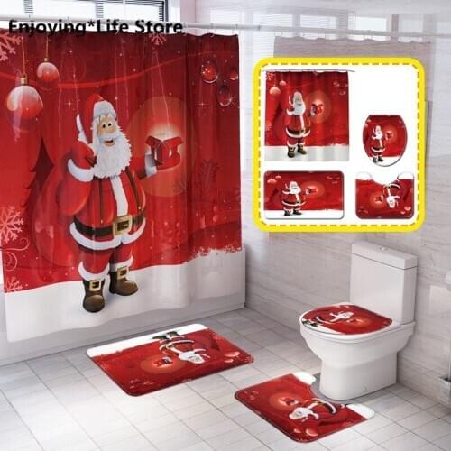 Santa Claus Print Shower Curtain Toilet Mat Carpet Combination Set Bathroom Decoration Bathroom Set Rug