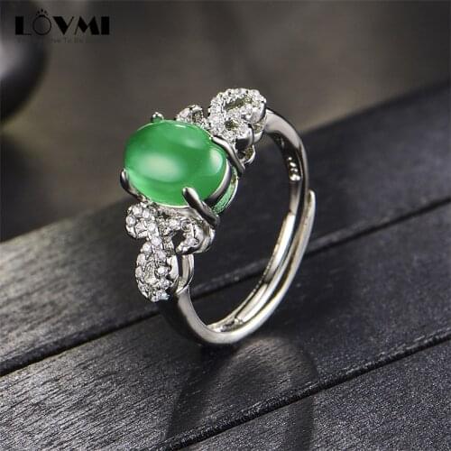 Fashion Womens Jewelry 925 Sliver Jade Rings Green Oval Flower Shape Crystal Ring Adjustable Promise Party For Mothers' Gifts