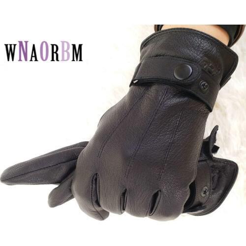 2021 Winter Gloves Mens Leather Gloves Buckskin Thicken Cashmere Lining Autumn Winter Warm Free Shipping