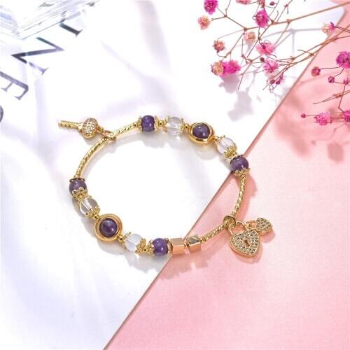 Natural Stone Purple Crystal Amethysts Quartz Beads Zinc Alloy Rope Chain Strand Bracelets Energy Yoga Jewelry 7.5inch Y976