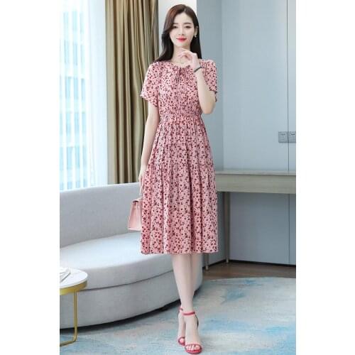 Summer The New Short sleeve Floral Chiffon Dress O Neck Womens fashion plus size Dress
