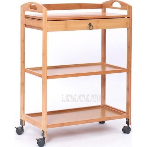 New Movable Bamboo Dining Trolley 3/4 Layer Tea Dining Cart Small Living Room Side Cabinet Beauty Salon Trolley Kitchen Shelf